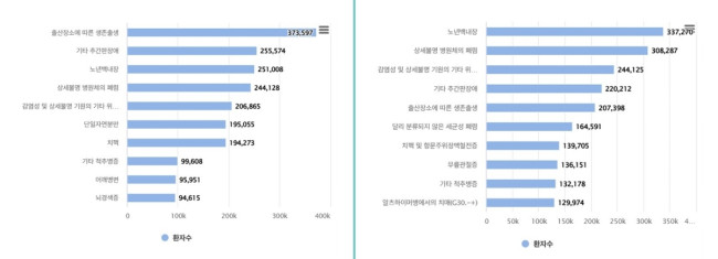 2014년(왼쪽)과 2024년의 입원 다빈도 질병 상위 10위